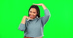 Happy, frame and posing with black woman on green screen for picture, creative and beauty. Confidence, happy and smile with portrait of female on studio background for focus, photography and sign