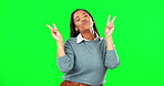 Green screen, gesture and woman doing peace hand sign, symbol or icon isolated in studio background feeling happy. Portrait, excited and young funny female with happiness, carefree and freedom