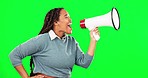 Protest, scream and female with a megaphone by green screen for human rights, justice or change. Shout, voice and African female model with bullhorn for activism rally by chroma key studio background