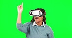 Virtual reality, touch and green screen of woman, smile and gaming metaverse in studio. VR headset, black female model and cyber glasses of user in digital world, innovation and futuristic UI system
