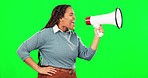 Rally, megaphone and woman shouting by green screen for human rights or change movement. Scream, political and African female model with bullhorn for activism protest by chroma key studio background.