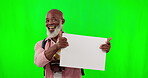 Senior black man with poster, mockup and green screen with travel and tourism promo with marketing. Backpacker, male in retirement and smile in portrait with sign, product placement and advertising