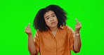 Face, green screen and woman with attitude, middle finger and frustrated girl against studio background. Portrait, female and person with expression for anger, hand gesture and rebel with rude sign 