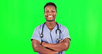 Black man, doctor and face with arms crossed on green screen, smile with mockup space and healthcare. Medical professional, male confidence in portrait and health, happy surgeon on studio background