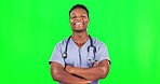 Black man, doctor on green screen and smile on face with arms crossed, mockup space and healthcare. Medical professional, male confidence in portrait and health, happy surgeon on studio background