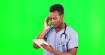Doctor, tablet and headache with black man on green screen for research, stress and burnout. Technology, anxiety and thinking with male on studio background for medical, healthcare and medicine