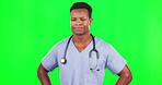 Stress, black man and doctor in green screen studio with anxiety, crisis or fail on mockup background. Burnout, worry and African male nurse stressed about hospital mistake, depression or overwhelmed