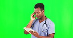 Green screen, digital and doctor headache, pain or migraine for online research, isolated on studio background. Black man, surgeon or medical professional with tablet technology and burnout or stress