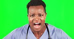 Doctor, scream and face of black man in green screen studio angry, stress and yelling on mockup background. Healthcare, shout and portrait of African nurse with anxiety, mistake or failure isolated
