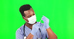 Syringe, vaccine and covid with black man on green screen for healthcare, pharmacy and solution. Medicine, virus and treatment with doctor on studio background for mockup, drugs and healthcare