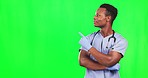 Doctor, face and black man pointing on green screen to review, mockup and information. Portrait, happy male and healthcare professional advertising promotion, announcement of medical offer and choice