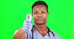 Temperature tool, black man face and doctor with green screen doing a healthcare test with good news. Isolated, studio background and health exam of a male medical consultant checking for virus 