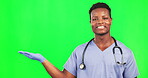 Happy man, face and doctor on green screen advertising mockup, information and medical offer. Portrait, black male and healthcare professional marketing news with hands, presentation and announcement