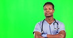 Green screen, no and face of black man doctor in studio shaking head, reject or deny on mockup background. Healthcare, portrait and African guy nurse with rejection, error or warning gesture isolated