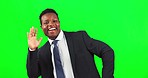 Green screen, business and happy black man dancing for success, celebration and motivation in studio. Portrait, dance and corporate professional celebrating good mood, energy and winner of bonus deal