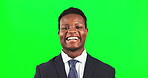 Black man in business, face and happiness on green screen with professional mindset, CEO and mockup space. Corporate male in headshot, laugh and confident in portrait, executive on studio background