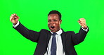 Green screen, business man and fist of winner, success and motivation of happy profit. Excited, yes and black male in celebration of professional deal, sales achievement and celebrate bonus promotion