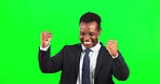 Green screen, corporate man and fist of winner, success and motivation of happy profit. Excited, cheers and black male in celebration of business deal, sales achievement and celebrate bonus promotion