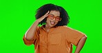 Black woman dance in fashion sunglasses on green screen, fun and freedom with energy on studio background. Funky, retro eyewear and style, carefree female dancer with mockup space and dancing rhythm