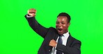 Green screen, screaming business man and cheering with fist, success and motivation of winner. Excited, shout and happy black male in celebration of professional deal, achievement and bonus promotion