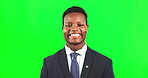 Black man in business, face and smile on green screen with professional mindset, CEO and mockup space. Corporate male, happy in portrait with success and executive in headshot on studio background