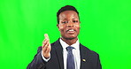 Portrait, presentation and a business black man on a green screen background in studio for coaching. Hand gesture, training and explaining with a male employee talking during a seminar introduction