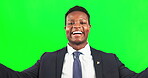 Black man, portrait and green screen for business to welcome with a smile, happiness and hands. Professional male happy on studio background for a presentation while speaking for motivation as leader