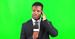 Green screen, black man reporter with microphone and breaking news broadcast on streaming site. Media, reporting and African journalist with mic, press work with information and newsroom announcement