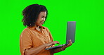 Woman smile, typing on laptop and green screen in studio isolated on a background mockup. Nodding, computer and happiness of person writing email, online browsing or web scrolling for social media.