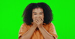 Woman, hands over mouth and green screen with surprise in studio isolated on a background mockup. Wow, omg and face portrait of laughing person with gossip, secret or funny story, comic or comedy.