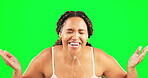 Water splash, green screen and face of happy woman in studio, background or beauty of natural skincare. Female model, wet facial and cleaning for hygiene, hydration or washing for healthy dermatology