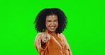 Green screen, face of happy woman and pointing to you, choice or decision on background. Portrait, smile and excited female model show finger for offer, selection or emoji to volunteer in opportunity