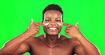 Black man, face cream and green screen portrait for skincare with smile and self care dermatology. African male on studio background for clean skin, hygiene and moisturizing product for wellness