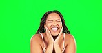 Funny face, laughing and a black woman on a green screen isolated on a studio background. Happy, crazy and portrait of an African girl doing comic facial expressions for comedy with tongue out