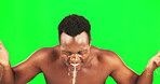 Water splash, black man and green screen for face skincare with a smile and self care dermatology. African male on studio background for clean skin, hygiene and cleaning or grooming for wellness