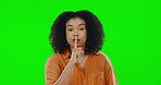 Green screen, face and secret woman for finger on lips, privacy and mystery of noise in studio. Portrait of female model, silence and shush for quiet, gossip or whisper emoji of confidential surprise