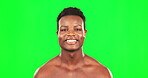 Black man, skincare portrait and green screen with a smile for self care dermatology. Face of happy african male model on studio background for clean skin, hygiene and facial cosmetics for wellness