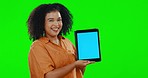 Woman, blank tablet and mockup in green screen studio with smile on face for app promotion by background. Girl, young student and mobile touchscreen ux for mock up portrait, yes or review by backdrop