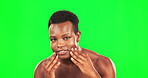Black man, hands on face portrait and green screen for skincare with smile for self care dermatology. Happy african male on studio background for clean skin, hygiene and facial cosmetics for wellness