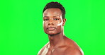 Black man, moisturizing and green screen portrait for skincare and self care dermatology. African male on studio background for clean skin, facial hygiene and face cosmetics product for wellness