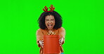 Christmas, green screen and woman with a gift, present or prize for a winter holiday isolated in a studio background. Excited, happy and portrait of female in celebration xmas in festive event