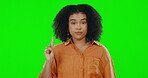 No, green screen and woman doing finger gesture to disagree feeling negative isolated in a studio background. Latino, disagreement and portrait of a frustrated female with warning sign and serious 