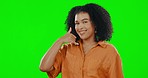 Phone call, hand gesture and portrait of happy woman on green screen with smile, communication and connection. Contact us, happiness and crm, girl in studio with telephone sign with hands in mockup.