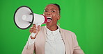 Face, attention and black woman with megaphone on green screen in studio isolated on a background mockup. Protest, screaming and portrait of person on loudspeaker for announcement, speech or change.