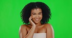 Happy, green screen and face of woman for beauty, wellness and hair care treatment in studio. Luxury salon, satisfaction and portrait of girl smile with afro hairstyle for cosmetics, makeup and glow