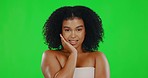 Green screen, beauty and face of woman for hair care, wellness and satisfaction in studio. Luxury salon, spa aesthetic and portrait of girl with afro hairstyle for cosmetics, makeup and glowing skin