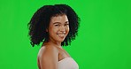Beauty, hair and face of woman on green screen with smile for satisfaction, wellness and skincare in studio. Luxury salon, spa and portrait of girl with afro hairstyle for cosmetics, texture and glow