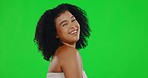 Green screen, beauty and face of woman laugh for hair care, wellness and skincare in studio. Luxury salon, satisfaction and portrait of girl with afro hairstyle for cosmetics, makeup and glowing skin