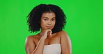 Skincare, green screen and face of woman for beauty, wellness and satisfaction in studio. Luxury salon, spa aesthetic and portrait of girl with afro hairstyle for cosmetics, makeup and glowing skin