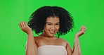 Hair shake, green screen and face of woman for beauty, wellness and skincare treatment in studio. Luxury salon, satisfaction and portrait of girl with afro hairstyle for cosmetics, makeup and glow